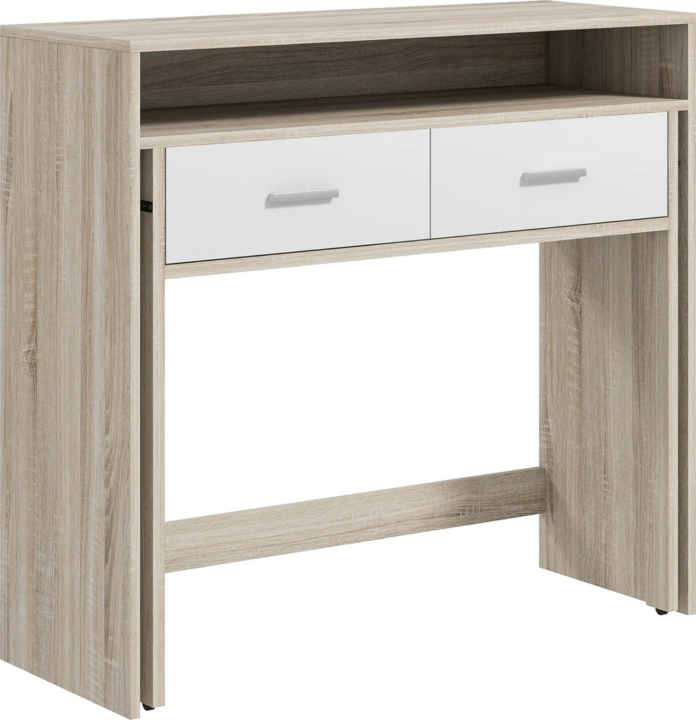 HOMCOM Bővíthető Konzolasztal 2 Kihúzható Polccal, 2 Fiókkal és 2 Stabilizáló Kerekekkel - 95x35x87 cm, Tölgy | Aosom