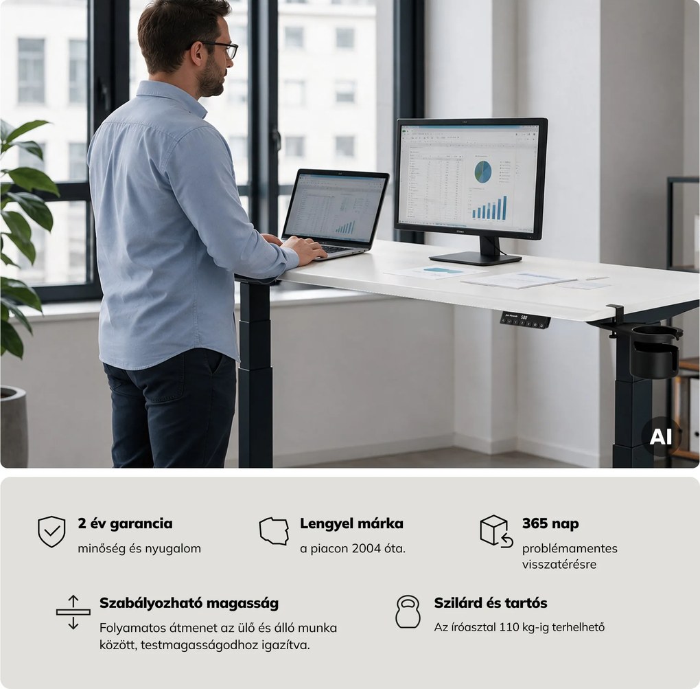 Elektromos íróasztal magasságállítással ergonomikus antracit-fehér, 1600x800 mm: ARIA