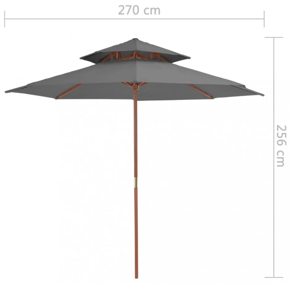 antracitszürke kétszintes napernyő fa rúddal 270 cm