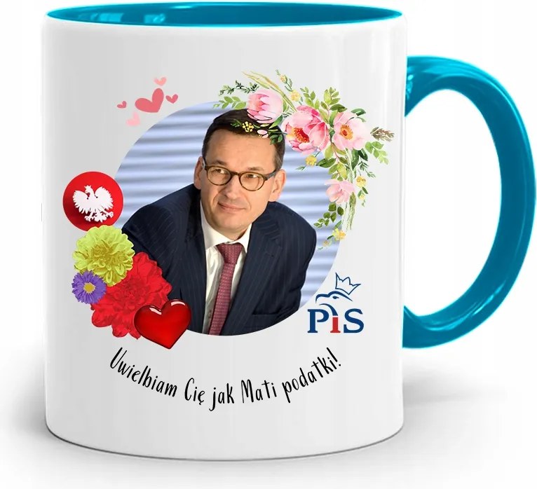 Kék Politikus Bögre Mateusz Morawiecki Miniszterelnök fényképes nyomtatással
