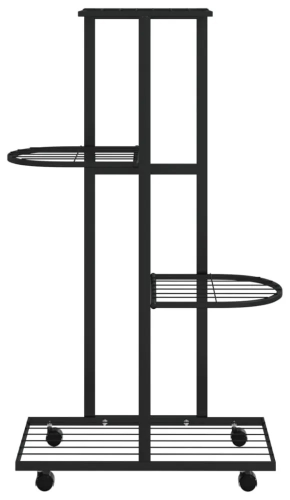 4 szintes fekete vas virágtartó állvány kerekekkel 44x23x80 cm