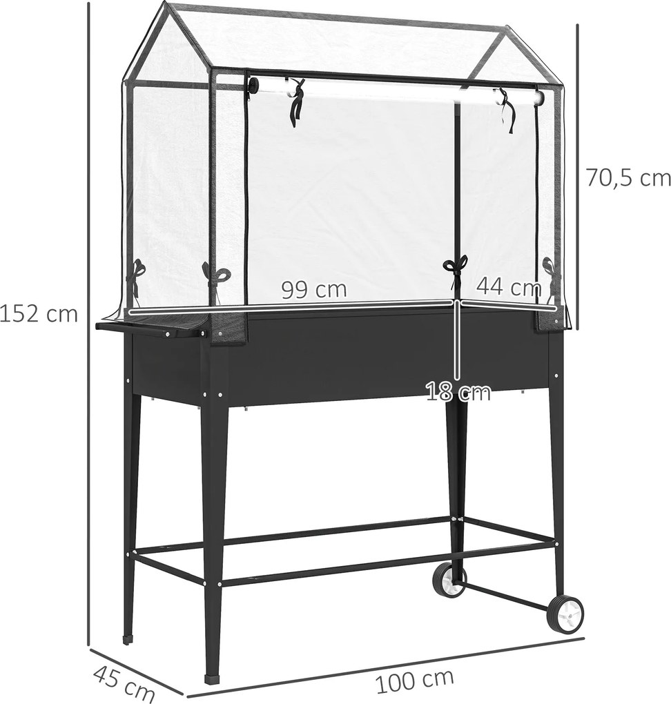 Outsunny Magaságy PVC Borítással, Kerekes Növényágy, Feltekerhető Cipzáras Ajtóval és Drénező Lyukkal, Mini Üvegház Zöldségekhez, Virágokhoz, Fűszerek