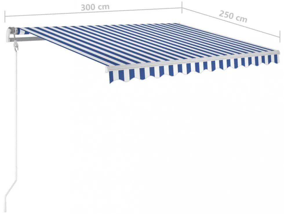 kék és fehér kézzel kihúzható LED-es napellenző 3 x 2,5 m