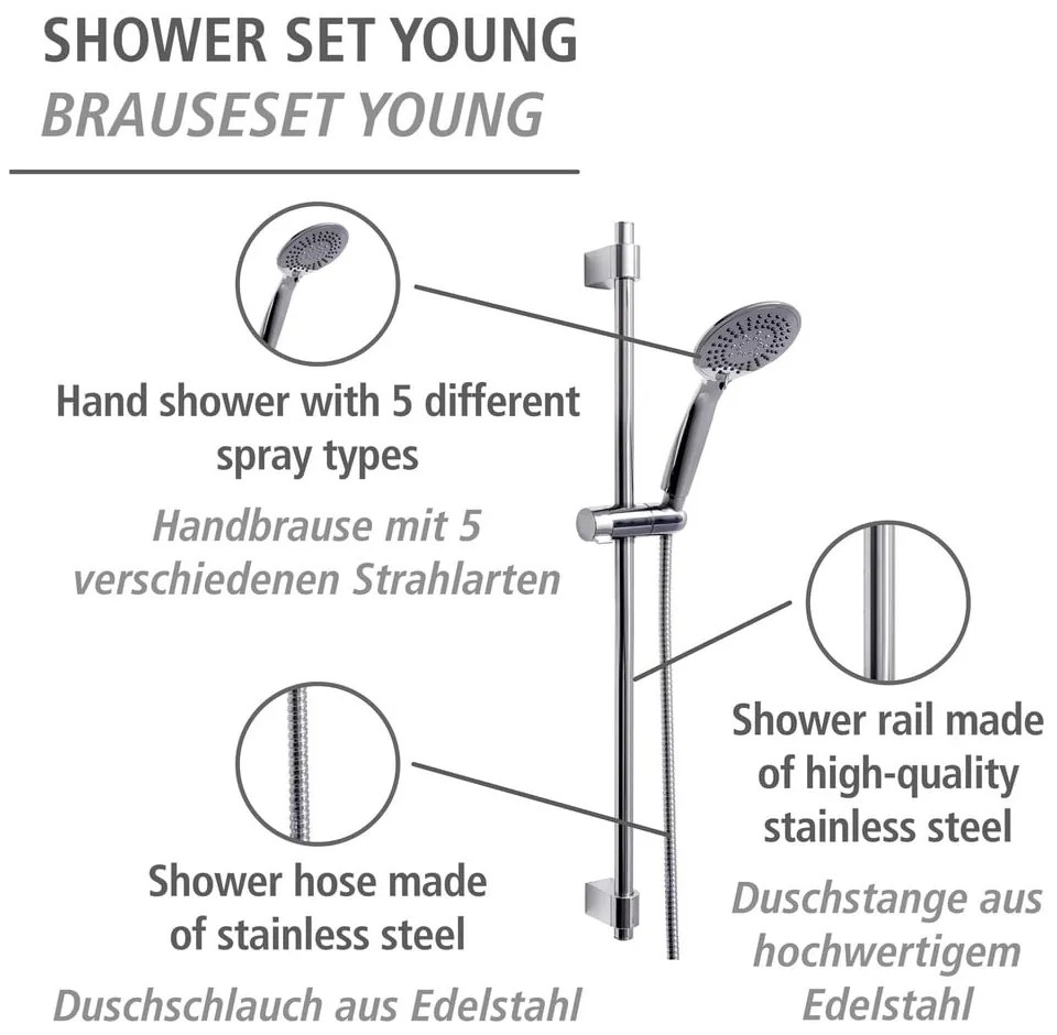 Fényes ezüstszínű rozsdamentes acél zuhanyszett 66 cm Young – Wenko