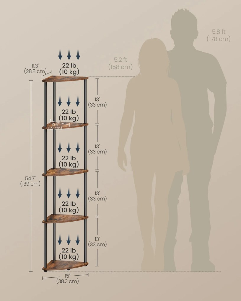 5 szintes sarokpolc, gyors összeszerelés, rusztikus barna tároló állvány