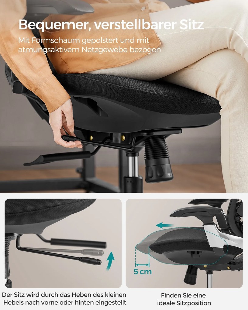 SONGMICS Ergonomikus szék, állítható, dönthető irodai szék, fekete