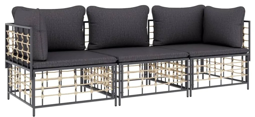 3 részes antracitszürke polyrattan kerti ülőgarnitúra párnákkal