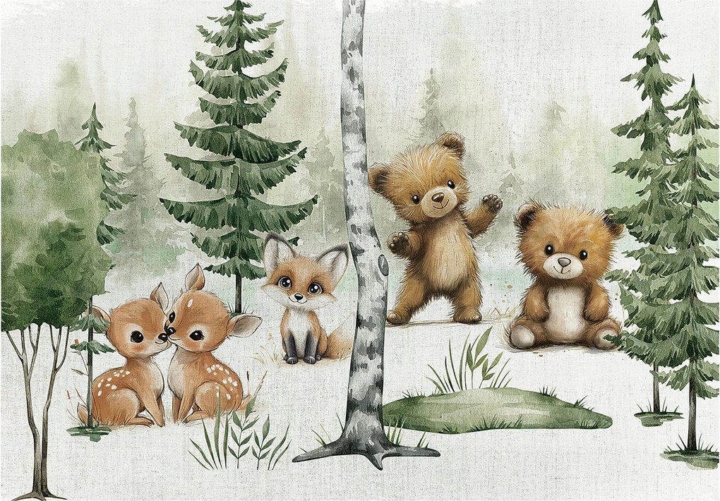 Fotótapéta erdő zöld barna kis őz róka és mackók gyerekeknek