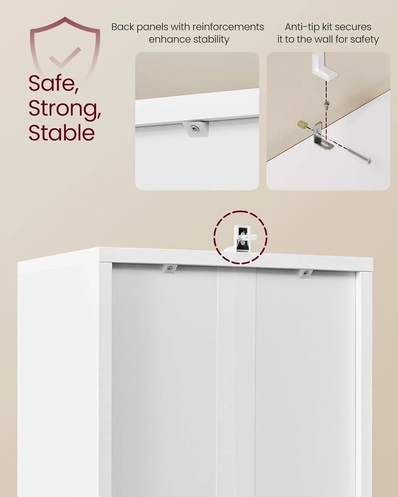 Könyvespolc, 6-szintes Magas Könyvespolc ajtóval, 24 x 31,8 x 175 cm, Felhőfehér