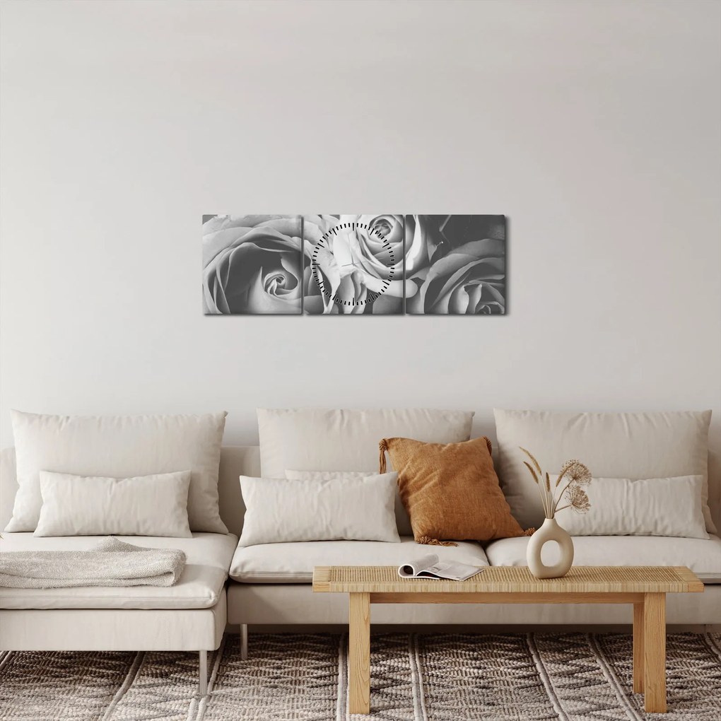 Kép - Rózsa, fekete-fehér (órával) (90x30 cm)