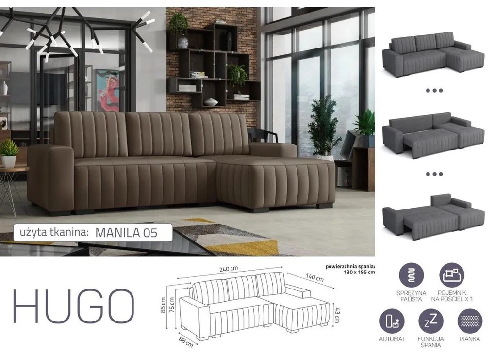 HUGO ággyá alakítható, ágyneműtartós, hullámrugós sarok kanapé - Manila 05 - jobbos