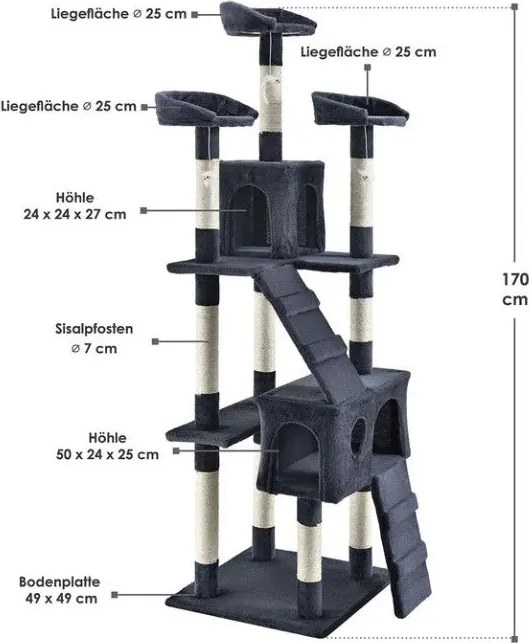 Macska kaparófa 170 cm ágyakkal házikókkal és oszlopokkal