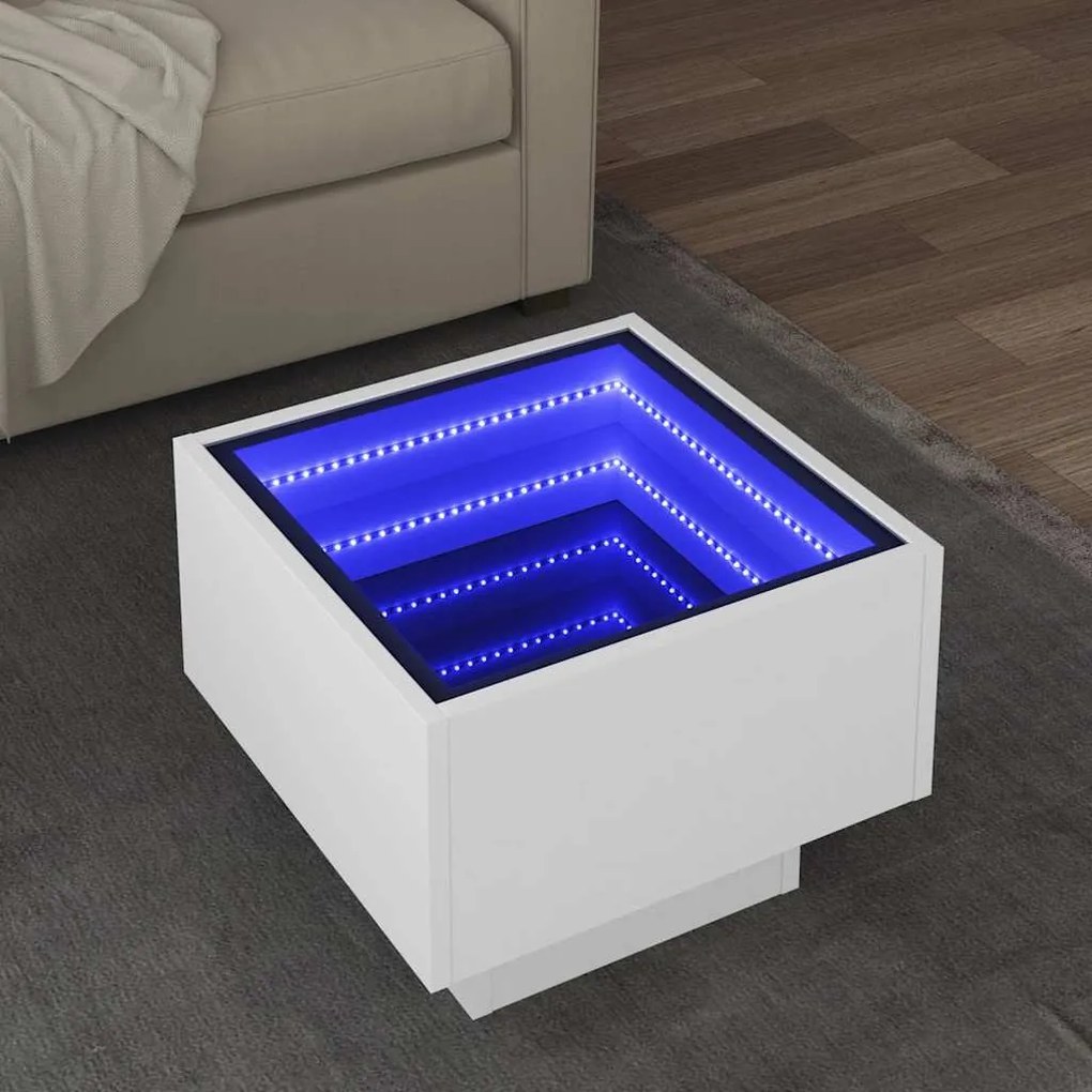Fehér szerelt fa kisasztal LED-del 40 x 40 x 30 cm