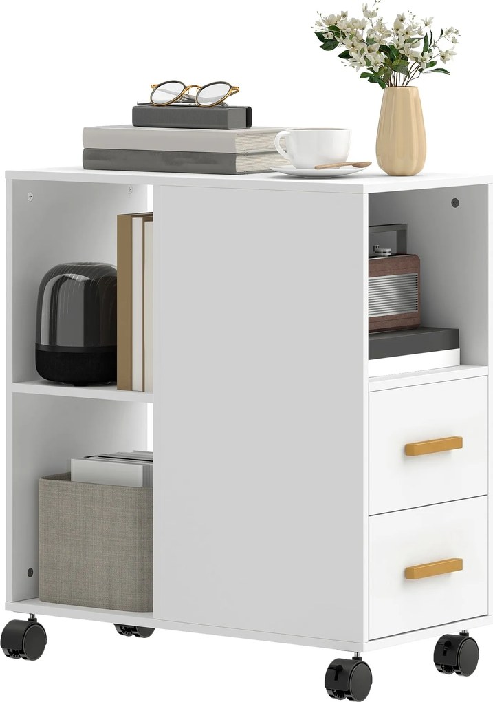 HOMCOM mobil nyomtatótartó állítható polccal, görgőkkel és asztali rendszerezővel — Nyomtatóállvány irodába, faxhoz, szkennerhez | Fehér (60 x 30 x 65