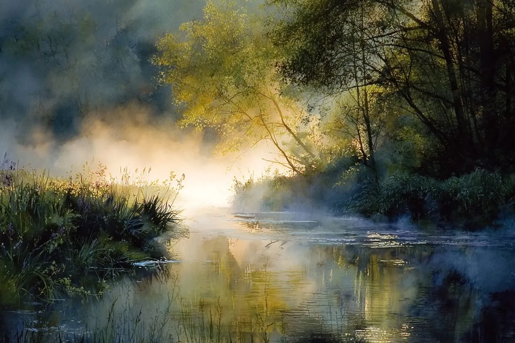 Fotótapéta Flizelina Tájkép Folyó Bozót Nap Köd 104x70,5 ragasztó