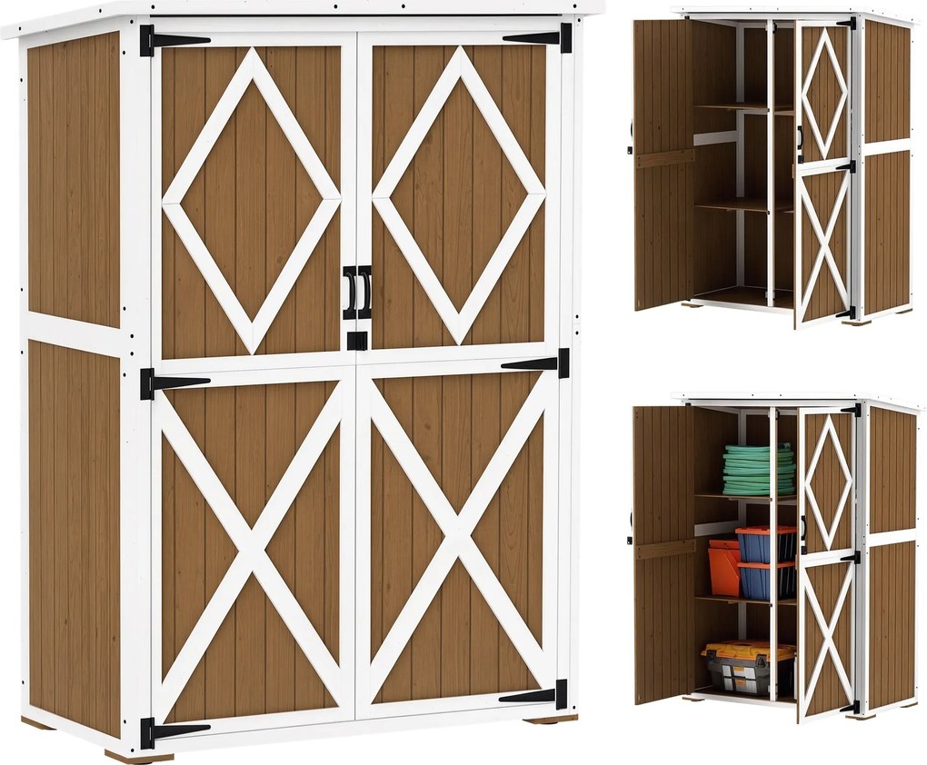 Outsunny Kerti Szekrény 0.55 m² 2 Polc, 2 Zárható Ajtó, Állítható Talpak, Fenyőfából Készült Szerszámtároló Bitumen Tetővel, 116.5x57x159/167 cm, Barn