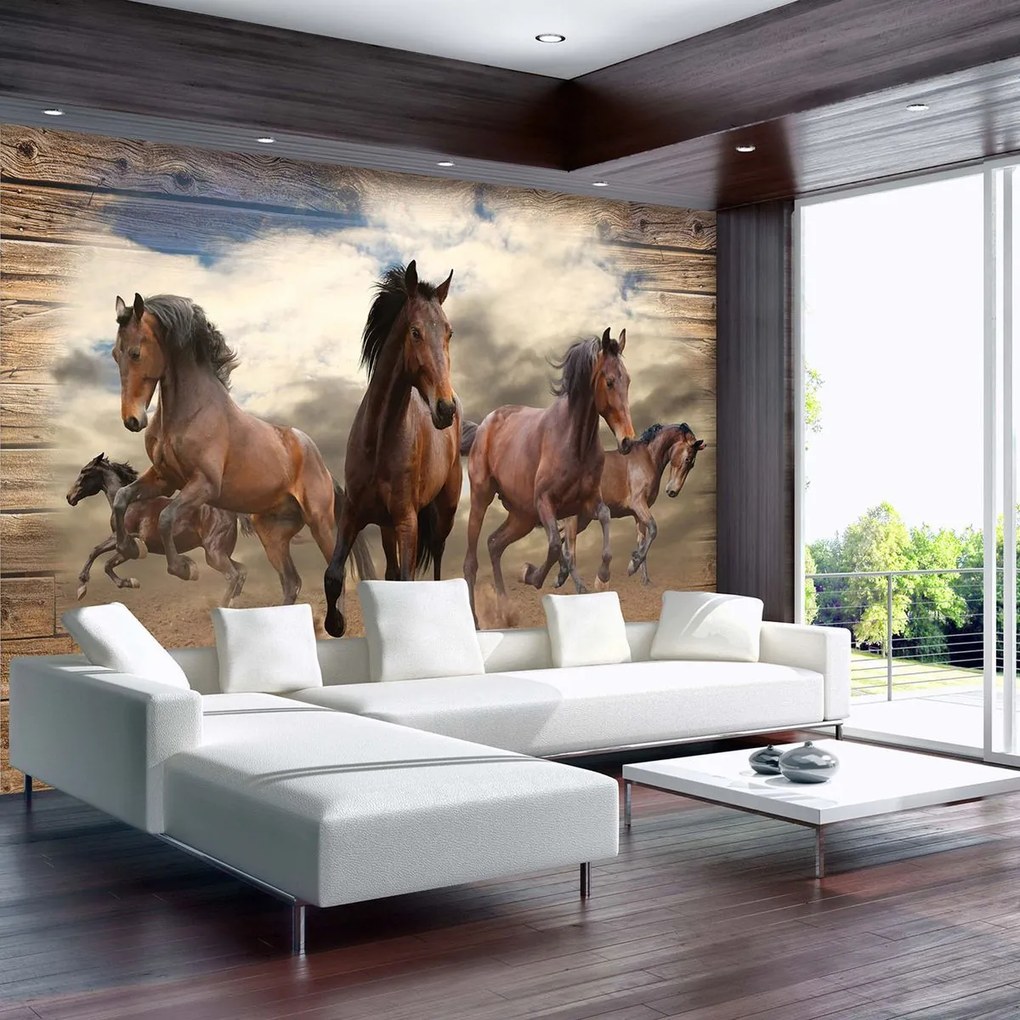 Fotótapéta - Vágtató ló fa táblákon (152,5x104 cm)