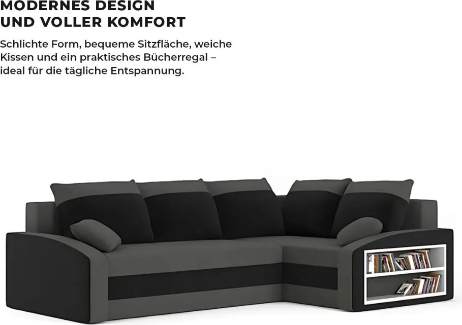 Grande sarokkanapé polcokkal , polc a jobb karfaban, jobboldali, szövet anyag, hab töltet, szürke - fekete