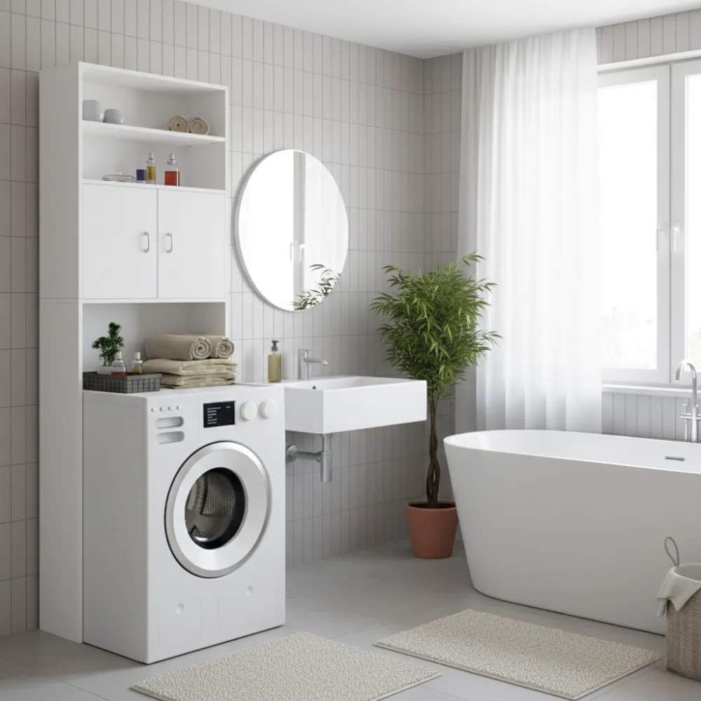 SILKE mosógép fölé helyezhető magas szekrény, 185×63×20 cm, fehér Casaria