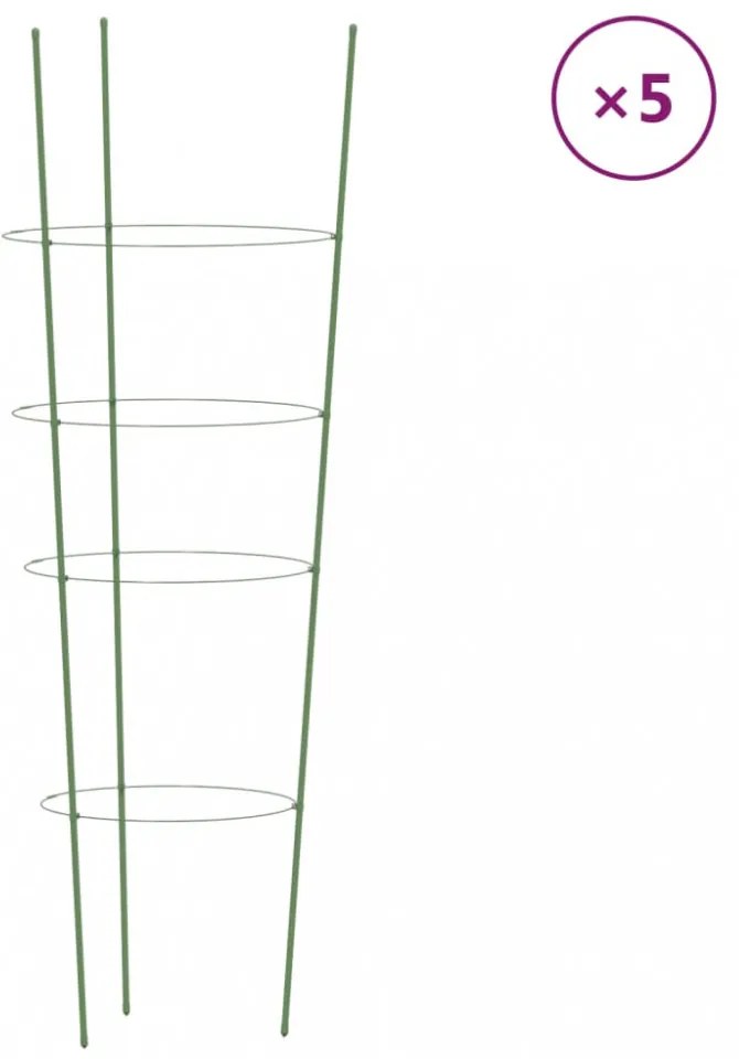 5 db zöld acél kerti növénytámasz 4 gyűrűvel 90 cm