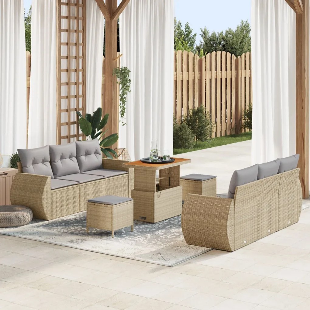9 Darabos Kerti Sofaszett Párnákkal Bézs Poli Rattan Akác, 3 Darabos Kerti Étkező Szett Párnákkal Bézs Poli Rattan Akác