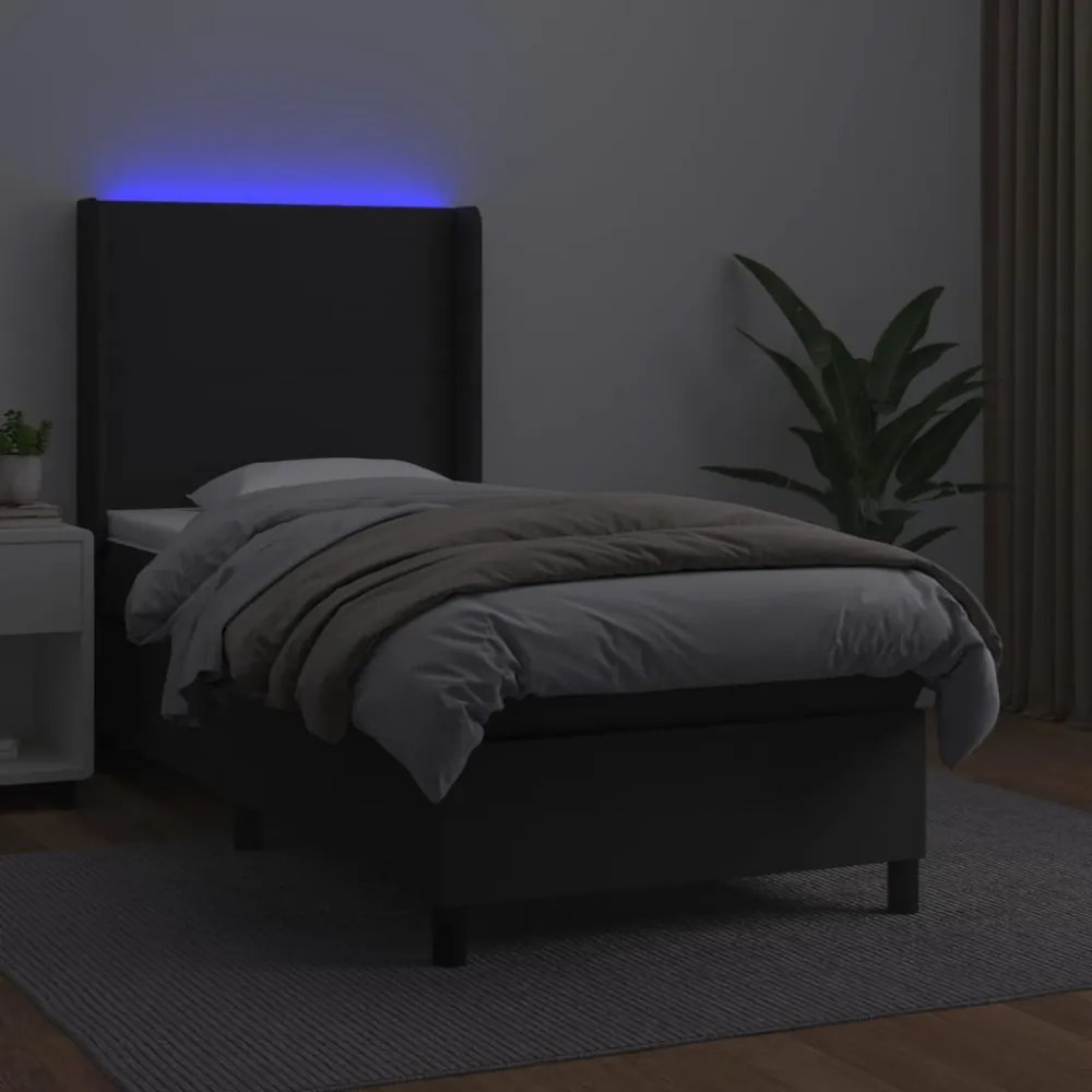 fekete műbőr rugós ágy matraccal és LED-del 90x200 cm