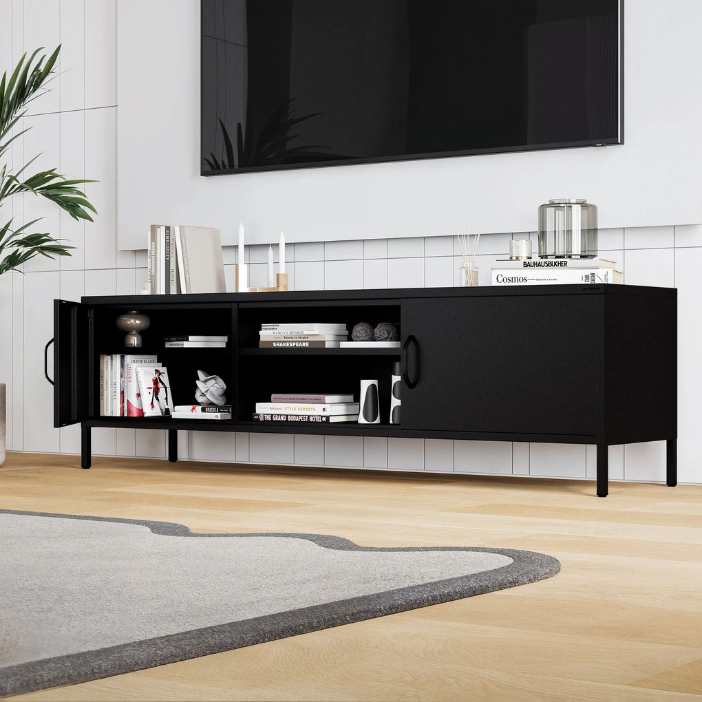 TV-szekrény fém széles XL lábakon fekete, 1700x400x500 mm: ROSARIA
