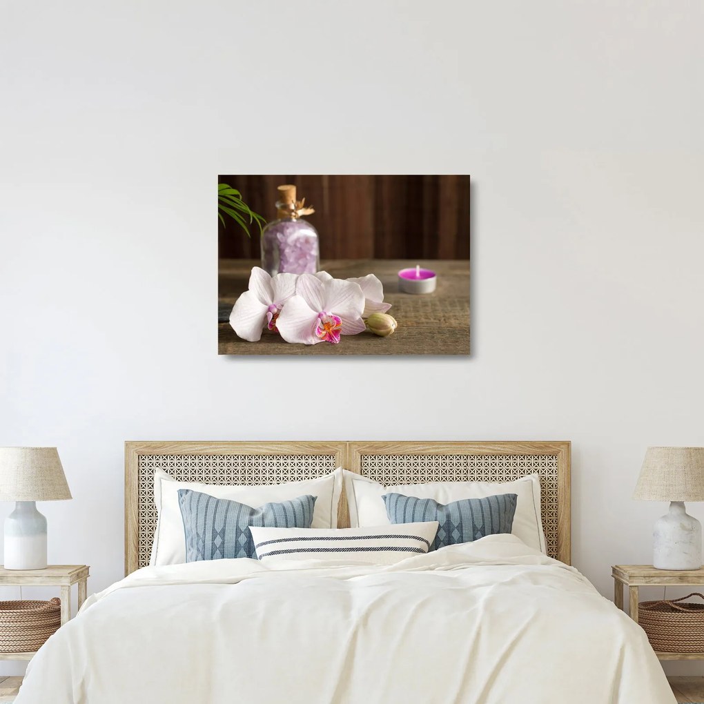 Üveg kép - Gyertya és orchidea (70x50 cm)