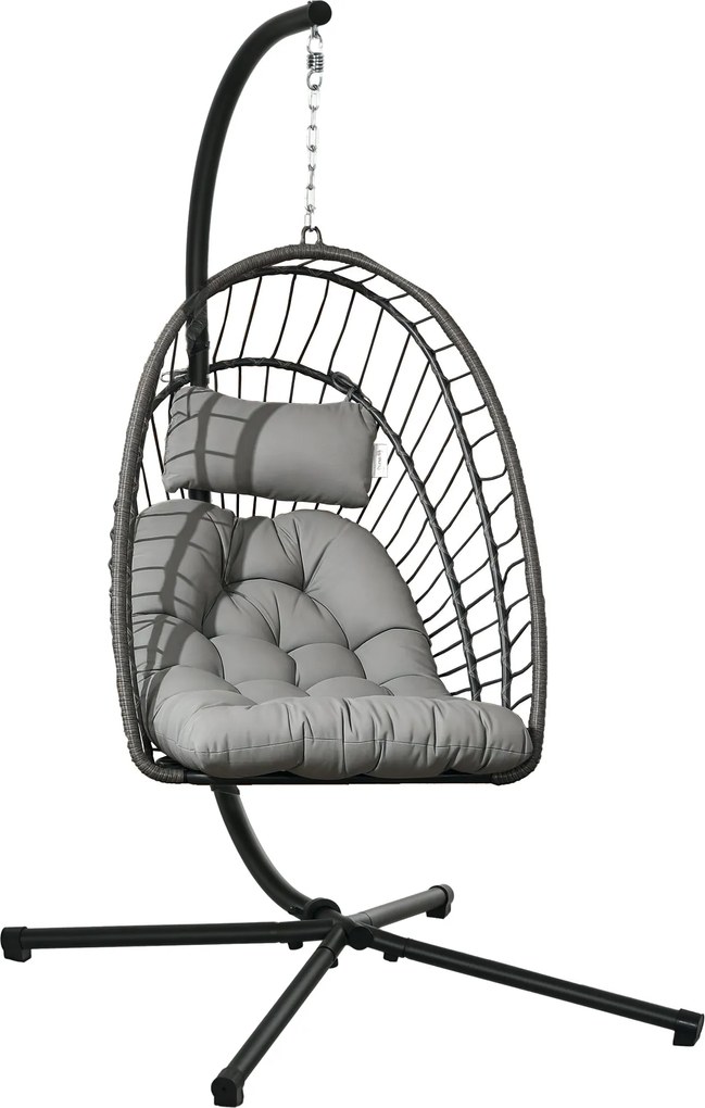 Outsunny Rattan Függőszék Hinta Kosár 194 cm Magas Belső és Külső Használatra Állvánnyal, Összecsukható Függő Kosárral, Párnával, Teraszra, Kertbe Max