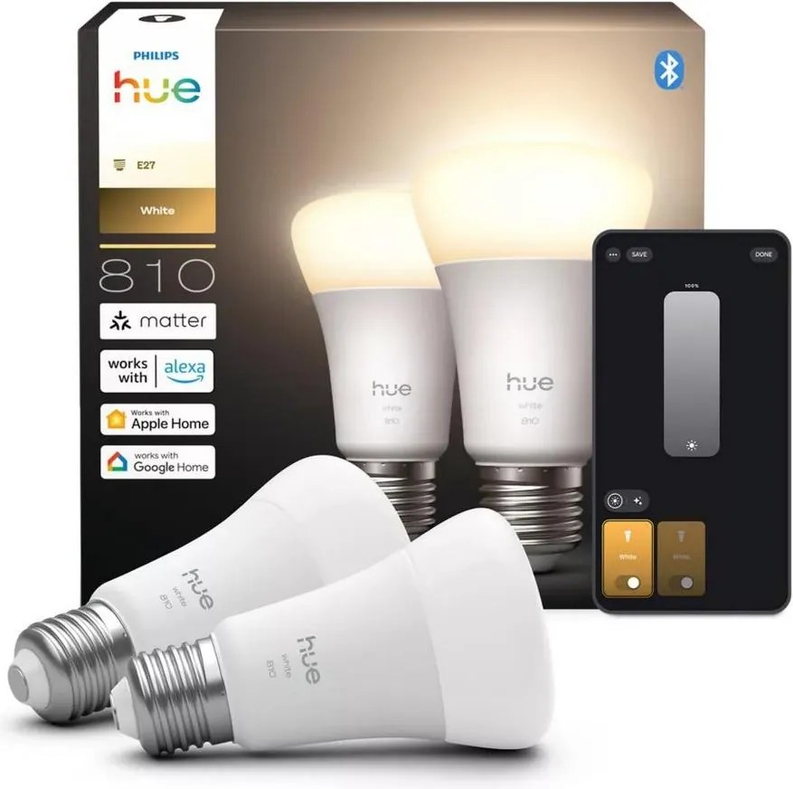 2 darabos készlet: Philips Hue WHITE dimmelhető LED-izzó, E27, 7W, 230V, 2700K