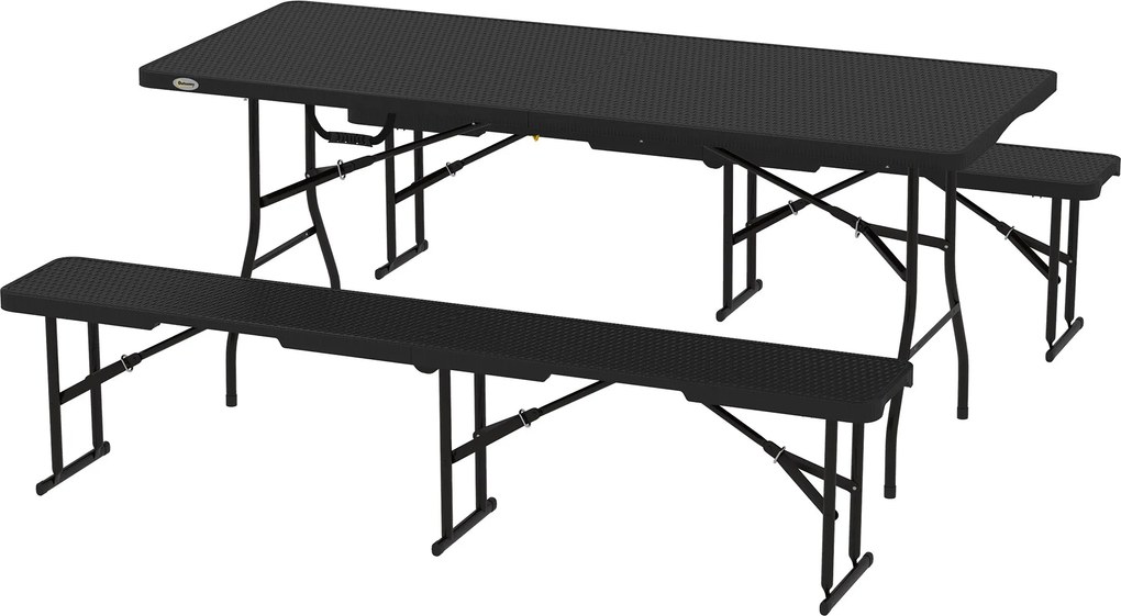 Outsunny Sörsátor Készlet 3 darabos Összecsukható Kemping Asztal, 2 Sörpad, Fogantyúval, Rattan Hatás, Sörasztal Készlet Balkonra, Parti Sátorhoz, Ker