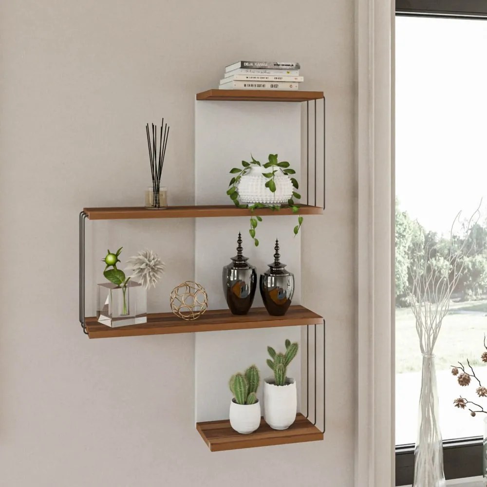 Fehér-natúr színű többszintes fali polc borovi fenyő dekorral 64 cm Cambel – Kalune Design