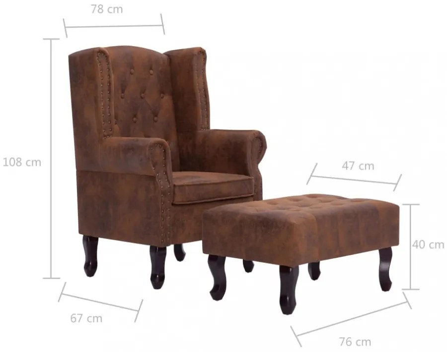 barna művelúr Chesterfield&quot; karosszék és lábtartó&quot;