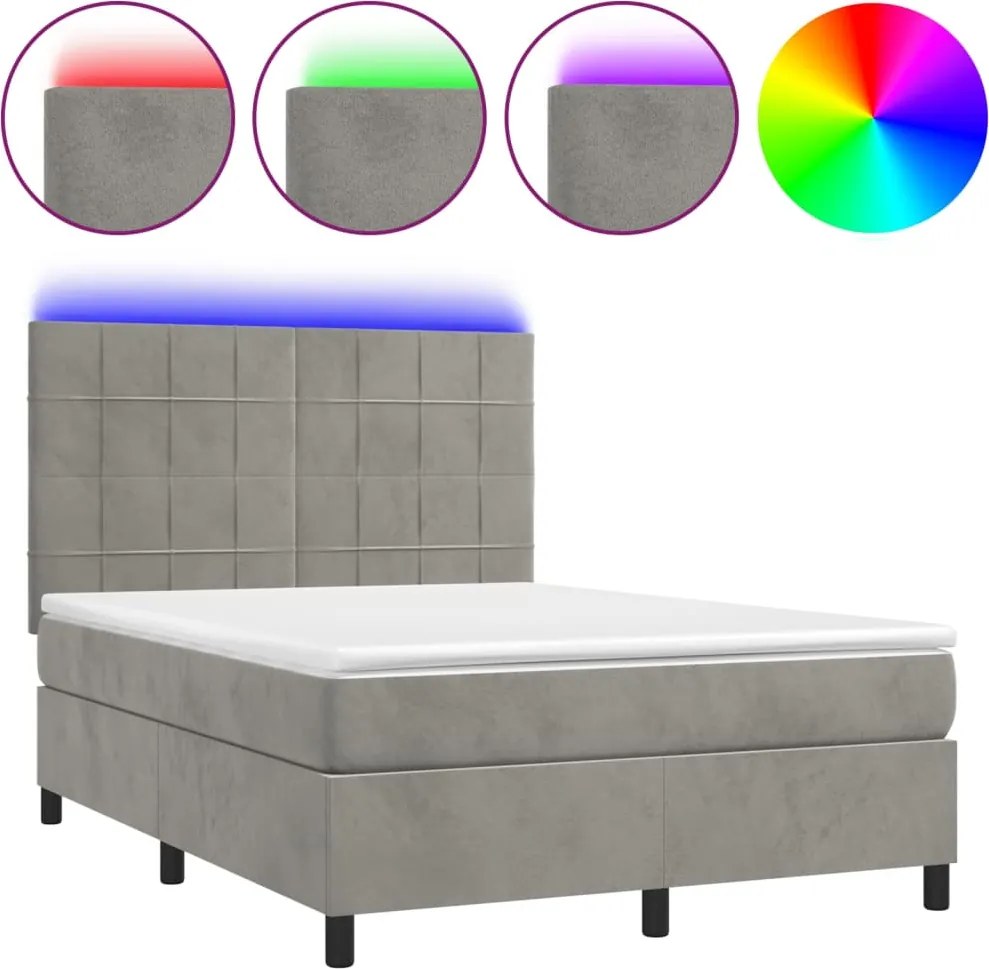 vidaXL világosszürke bársony rugós és LED-es ágy matraccal 140x200 cm