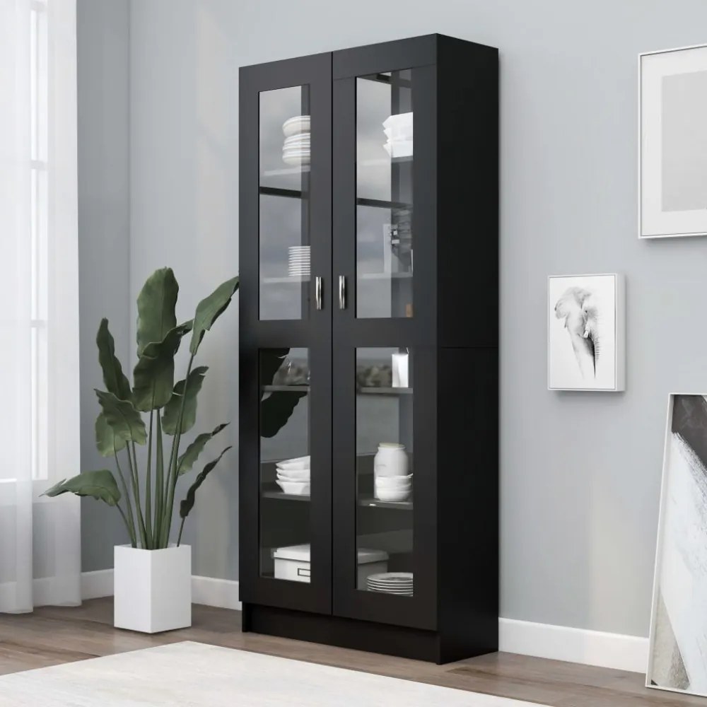 fekete szerelt fa vitrinszekrény 82,5 x 30,5 x 185,5 cm