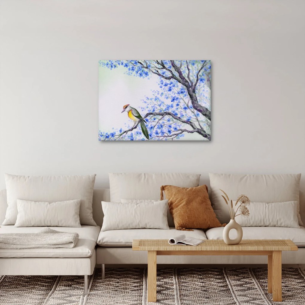 Kép - Madár egy fán kék virágokkal (70x50 cm)