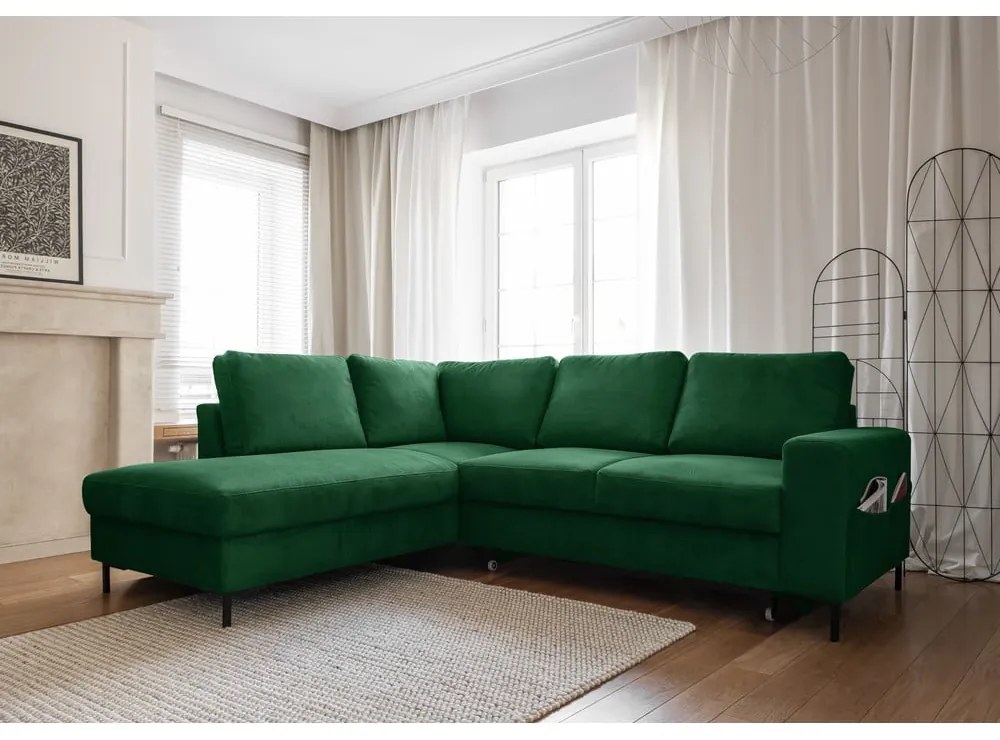 Sötétzöld kordbársony kinyitható sarokkanapé (bal oldali) Lofty Lilly – Miuform