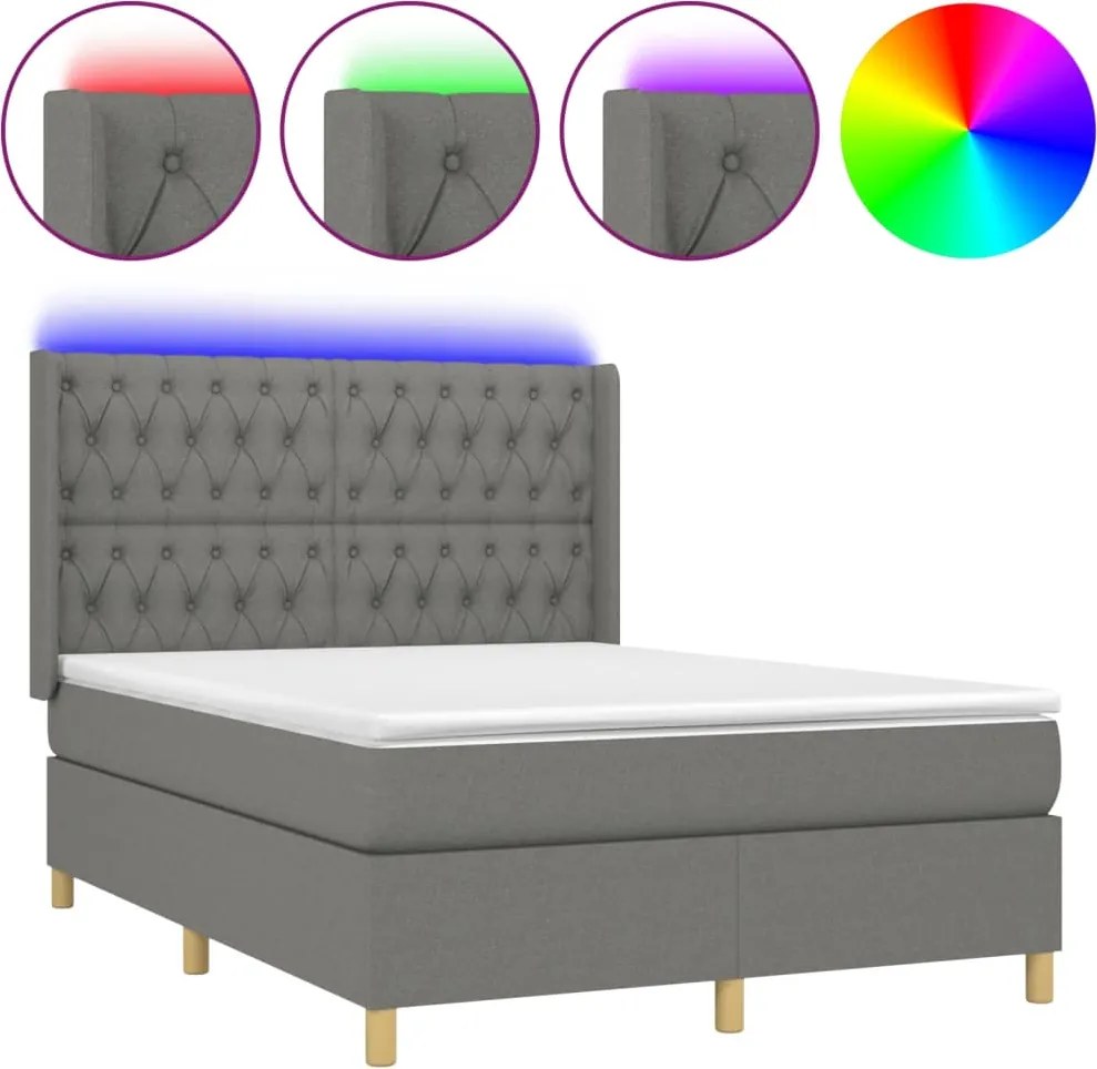 vidaXL sötétszürke szövet rugós és LED-es ágy matraccal 140x200 cm