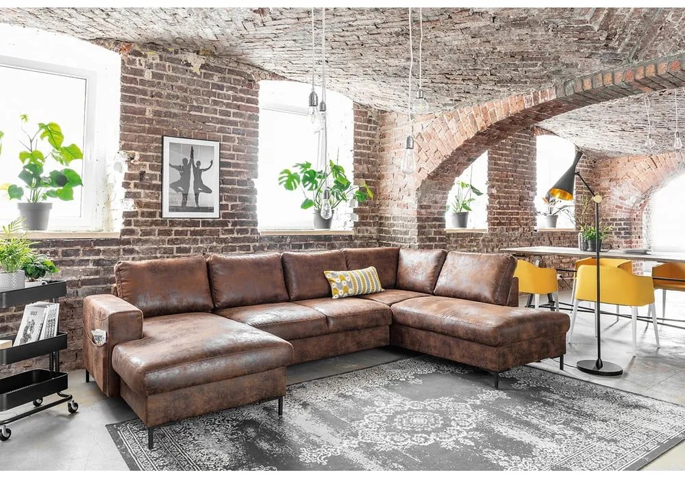 Lofty Lilly Vintage barna kinyitható U alakú bőrutánzat kanapé, jobb oldali - Miuform