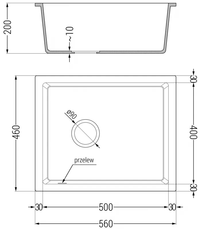 Mexen Pedro, gránit mosogató 560x460x200 mm, 1 kamrás, fekete foltos fekete szifonnal, 6508561000-76-B