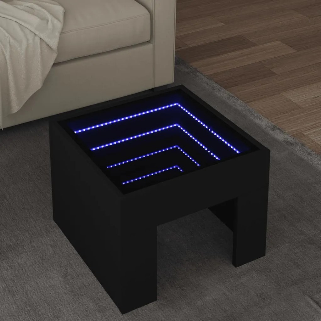 Fekete végtelen hatású LED-es dohányzóasztal 40 x 40 x 30 cm