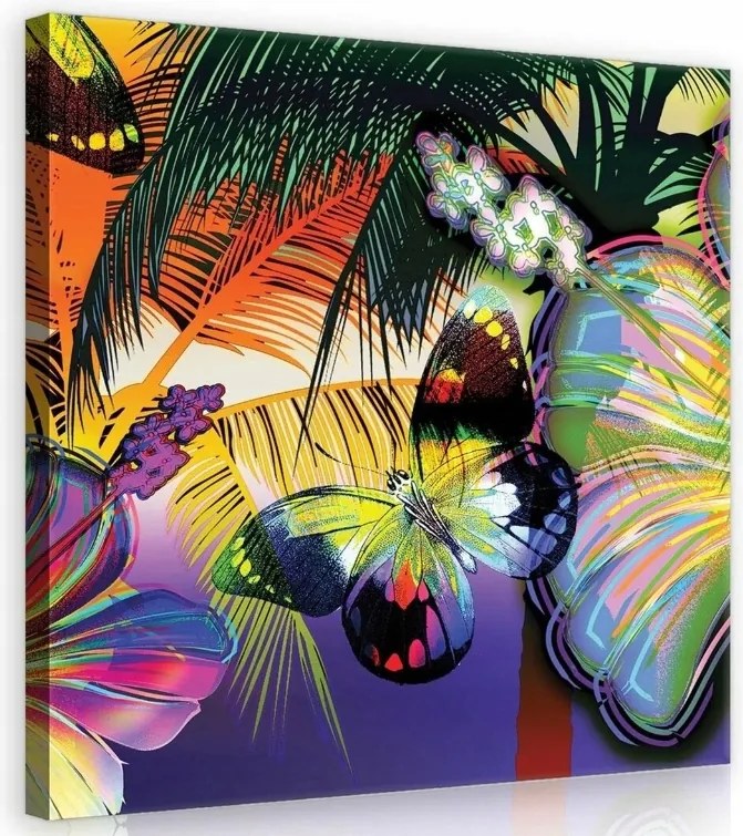 Vászonkép 80x80 Világos pillangók trópusi virágok pálmalevelek nyár egzotikus