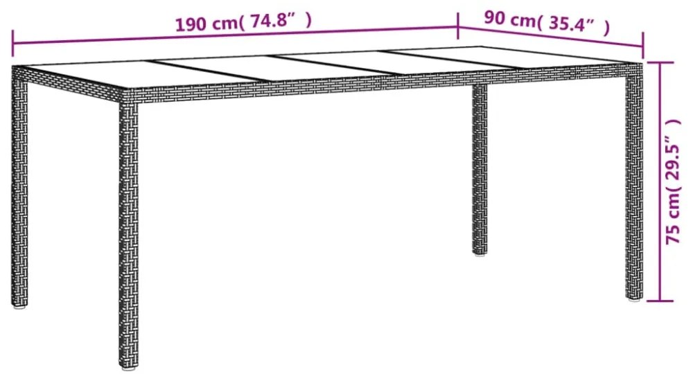 szürke polyrattan és edzett üveg kerti asztal 190 x 90 x 75 cm