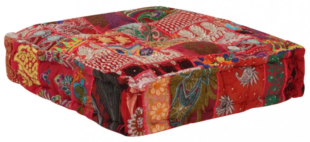 kézzel készült piros pamut patchwork kocka puff 50x50x12 cm