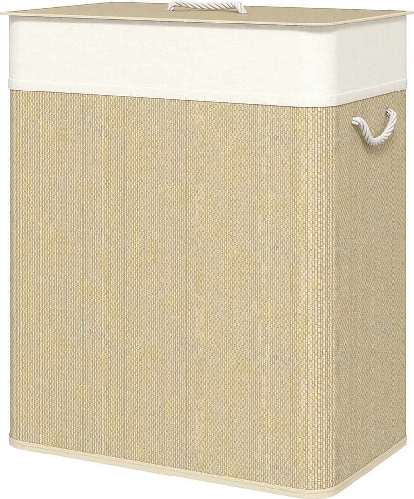HOMCOM Bambusz Ruhatároló Fedéllel 100L Ruhás Kosár 2 Rekeszsel, Kivehető Belső Táskával a Mosókonyhához és Hálószobához, 52x32x63 cm Natúr | Aosom