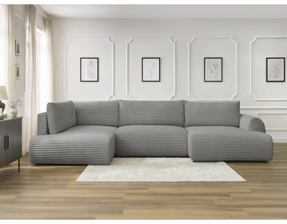 Sötétszürke kordbársony kinyitható sarokkanapé (jobb oldali-U alakú) Lucien – Bobochic Paris