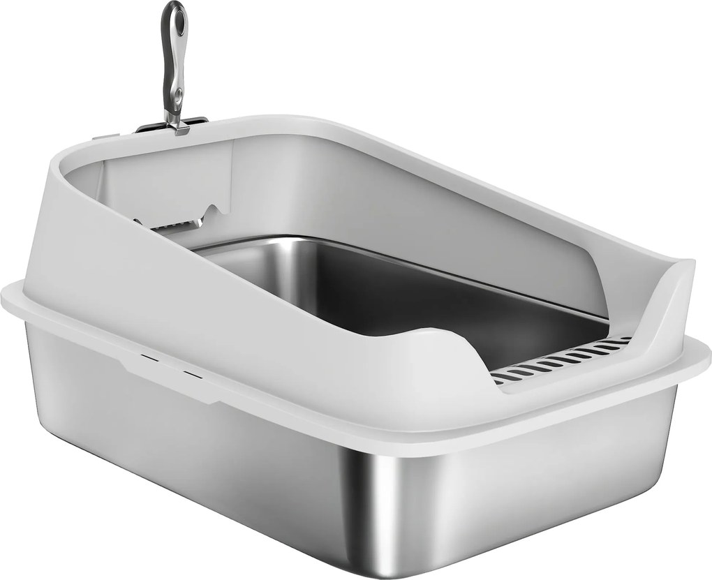 PawHut rozsdamentes acél nyitott macskaalom — magas peremű XXL, lapáttal, nagy macskáknak (max. 7 kg) | 60,2 x 40,2 x 29,7 cm | Aosom