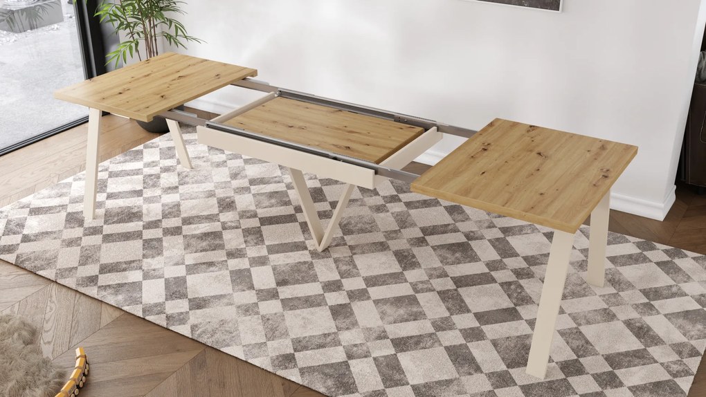 Mazzoni AVERY Artisan Tölgy/alja bézs (pezsgő) - BŐVÍTHETŐ LOFT/IPARI STÍLUSÚ ASZTAL NAPPALIBA/ÉTKEZŐBE - 2 MÉRET!