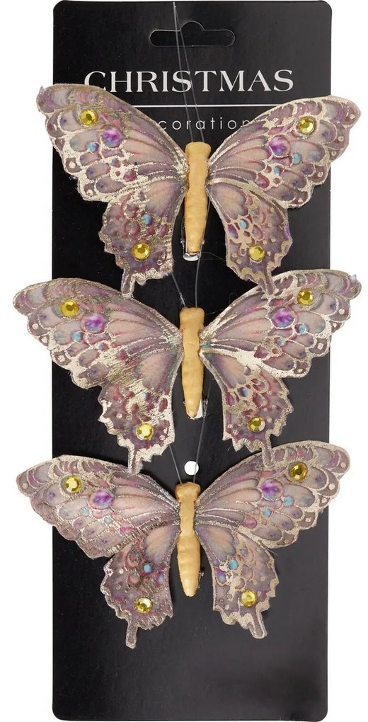 Karácsonyi díszek szett Pillangók, arany, 12x8x2cm, klipszel, 3 DB-os szett