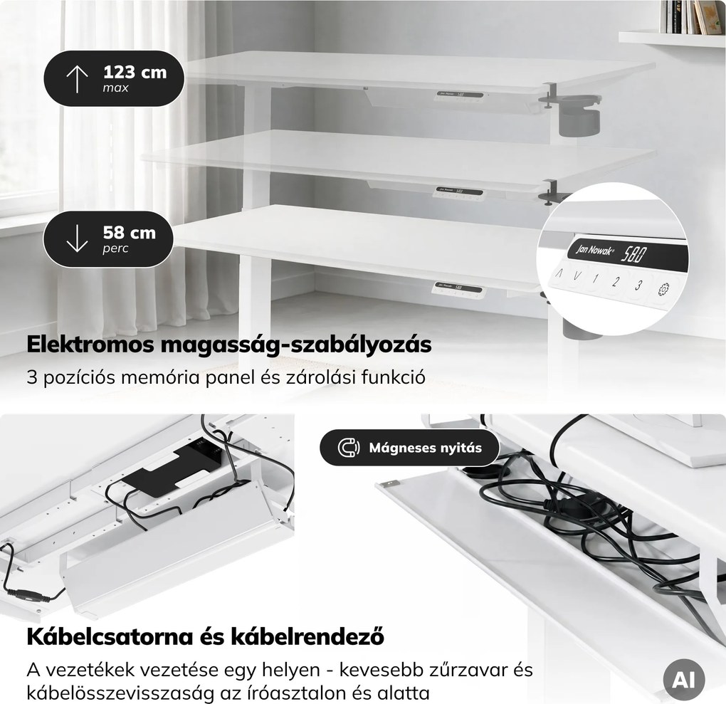 Elektromos, állítható magasságú, ergonomikus, fehér íróasztal,1400x700 mm: ARIA